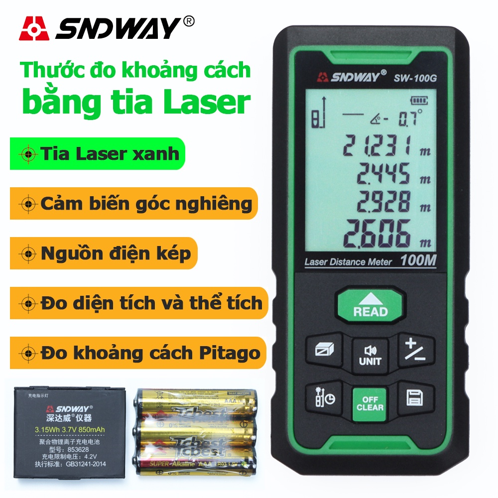 Máy Đo Khoảng Cách Laser Sndway SW-100G đo xa 100m Tia Xanh